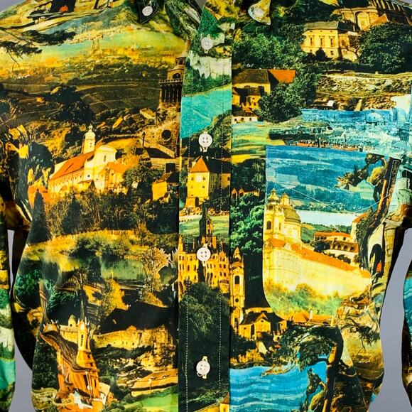 Size S Yellow Green Italy Print Cotton Button Down Collar Long Sleeve Shirt - Picture 2 of 6